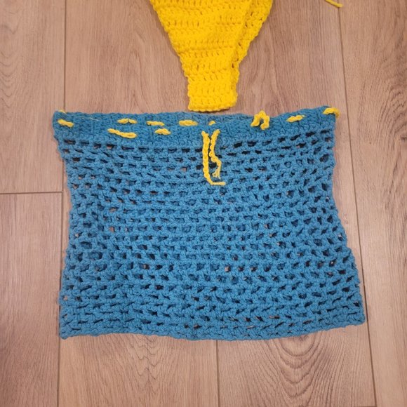 Three Piece Yellow Blue Crochet Bikini Skirt Set - Picture 3 of 4